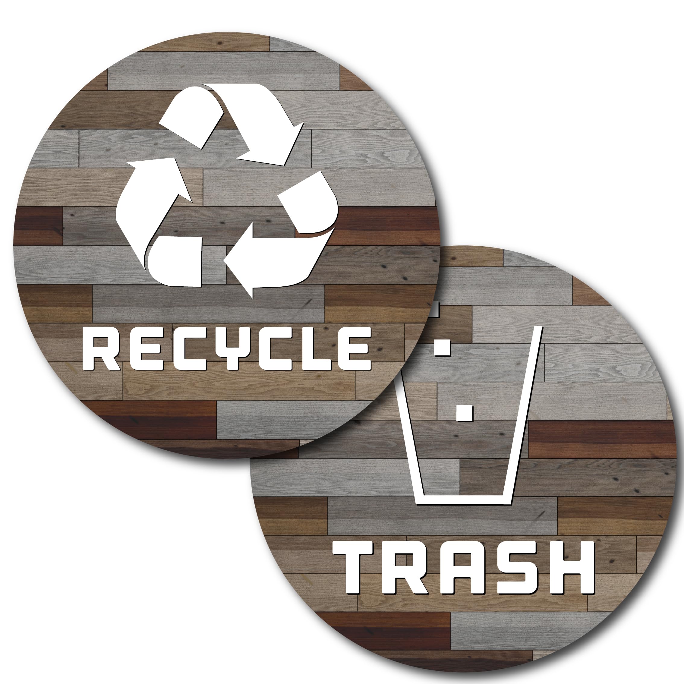 Photo 1 of 8 Pack Recycle and Trash Stickers - 2.5in Circle - to Organize Your Home and Kitchen Trash - for Trash Bins, Garbage Cans and Recycle Bins - Premium UV Protected Vinyl Sticker (Wood Planks - Brown)
