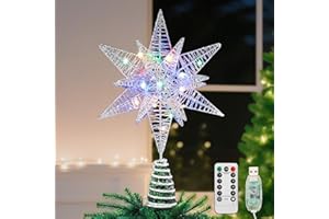 Lewondr Christmas Star Tree Topper, USB Powered Remote Controlled 11 Inch Multilayer Hexagonal Tree Topper Christmas Decor with 8 Light Modes for Home Holiday Xmas,Timer Function,Colorful,Silver White