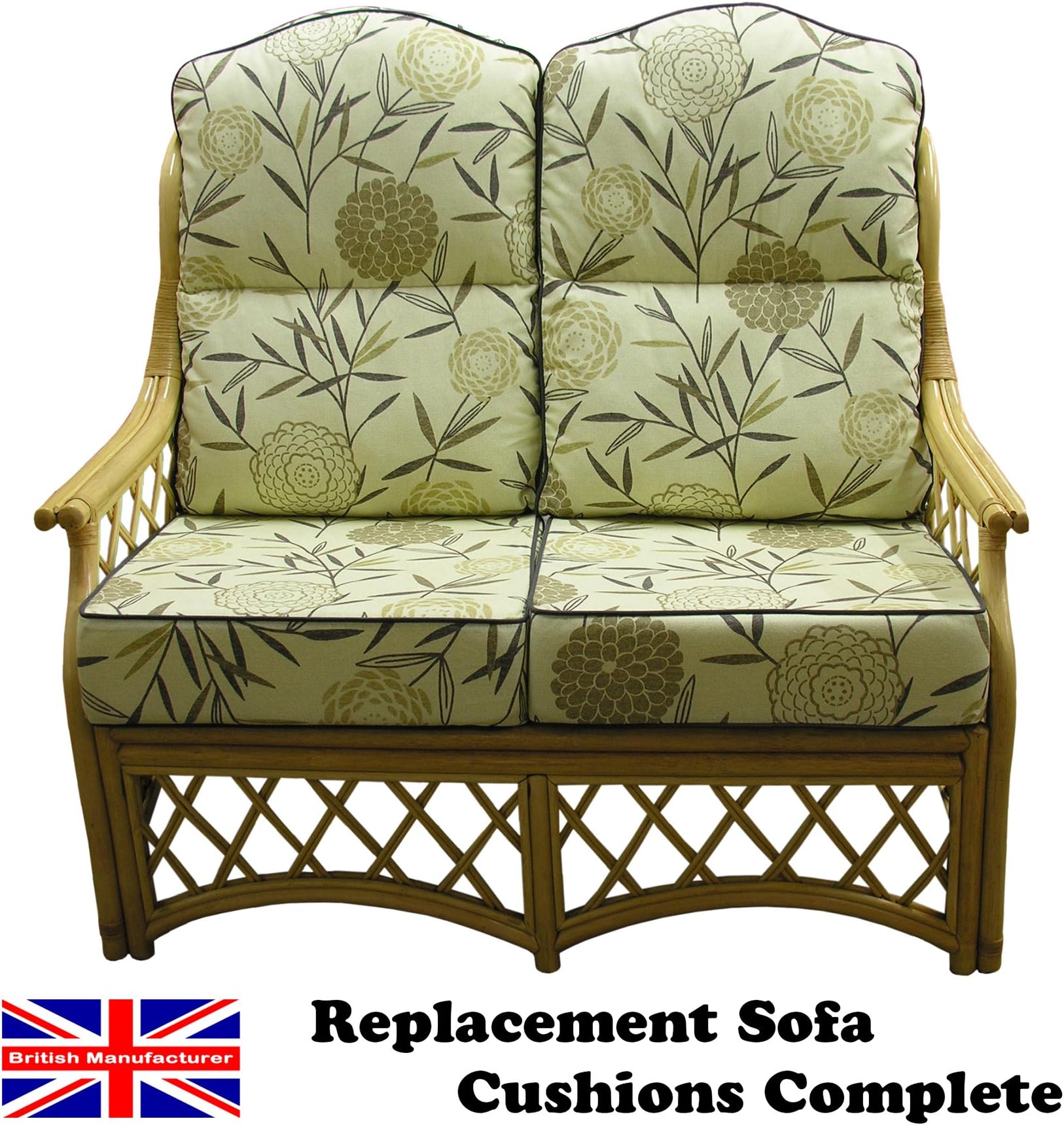 High Hump Back NEW CANE SOFA CUSHIONS Conservatory Wicker Rattan Furniture by GILDA® (Bamboo Natural with Grey Piping)
