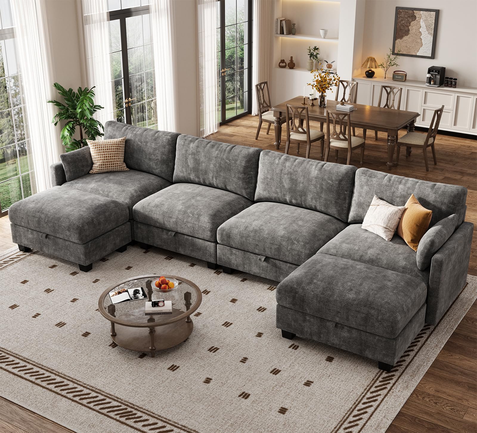 OhaiAura Modular Sectional Sofa, 132" U Shaped Couch with Storage, Chenille