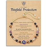 Evil Eye Dainty Bracelet - Natural Crystal Protection Bracelet - 5 Healing Stones Clear Quartz Amethyst Black Tourmaline Tiger Eye Adjustable Spiritual Guardian Jewelry Gift with Meaning Card