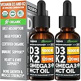 (2 Pack) Organic Vitamin D3 K2 Drops with MCT Oil Omega 3, 5000 IU, Maximum Strength Vitamin D Liquid, No Fillers, Non-GMO Liquid D3 for Faster Absorption and Immune Support (Unflavored, 2 Fl Oz)
