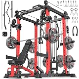 Power Rack Power Cages Multi-Function Squat Rack with Cable Crossover System Selectable More Training Attachment Weight Cage for Garage & Home Gym (Red, B Set L02 Power Cage+Weight Bench)