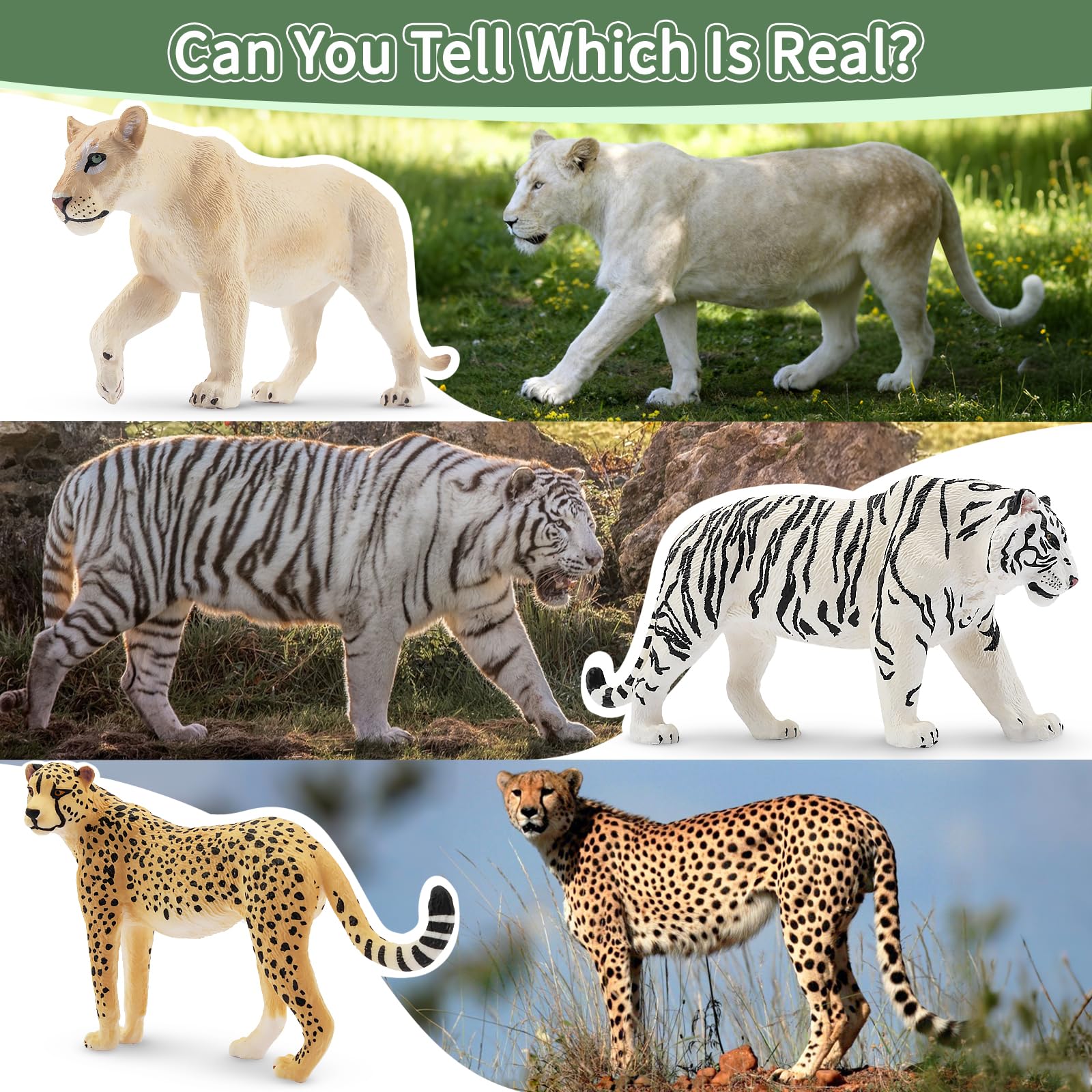 TOYMANY 12 Stück Großkatzen Dschungel Tiere-Figuren und Baumstamm Set,Realistische Löwen Tiger Geparden und Leopardfiguren, Plastiktiere Zoo Dschungel Wald Tierfiguren für Kinder 7