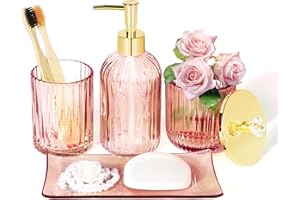 KUKIKAN Designer Pink Glass Bathroom Accessories Sets - 4 Pcs with Lotion Soap Dispenser, Bathroom Toothbrush Holder, Vanity Tray, and Apothecary Jar, Vintage Bathroom Decor, Valentine's Day Gift