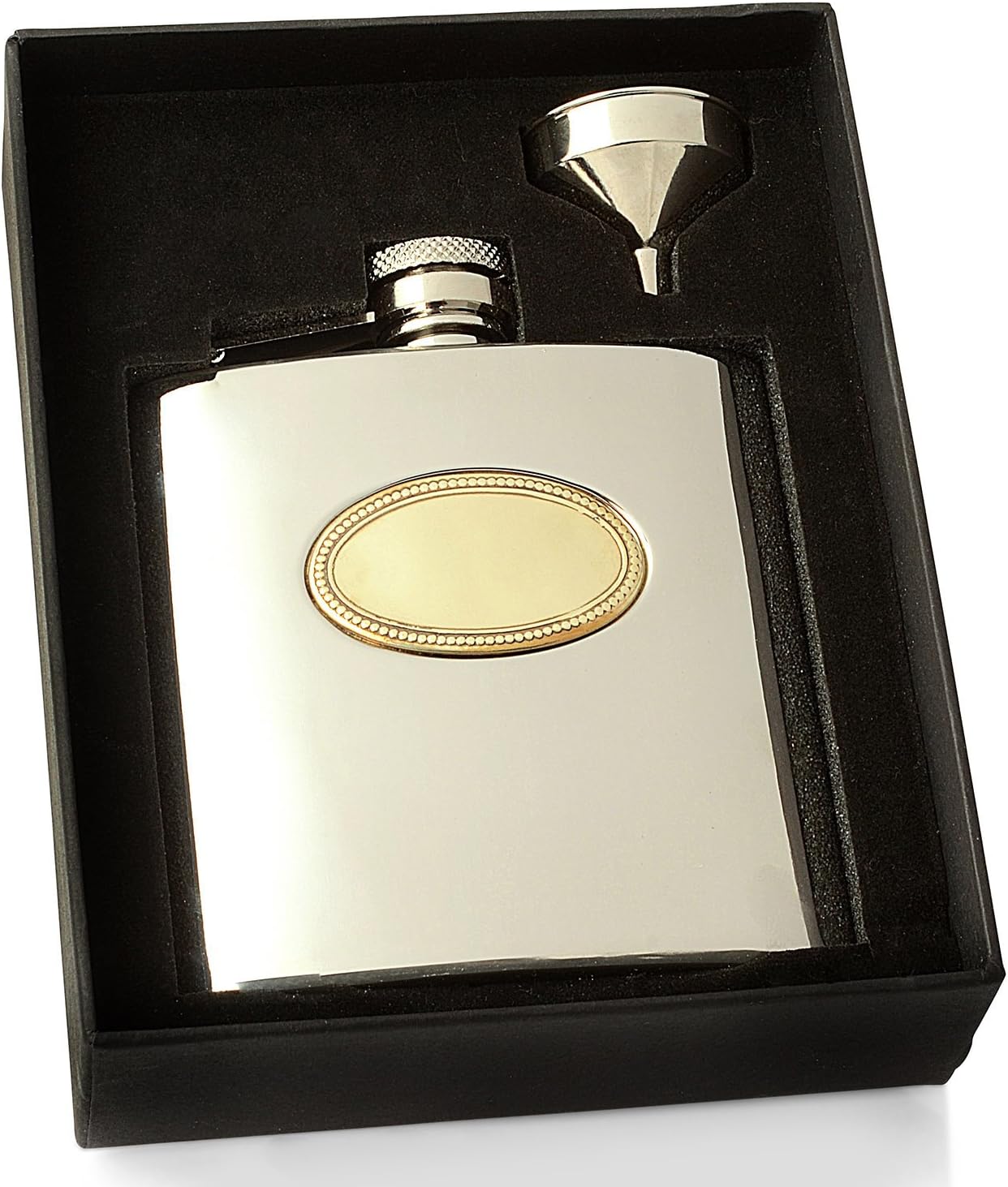 Personalised Engraved 6oz Shiny Stainless Steel Hip Flask with Brass Engraving Plate