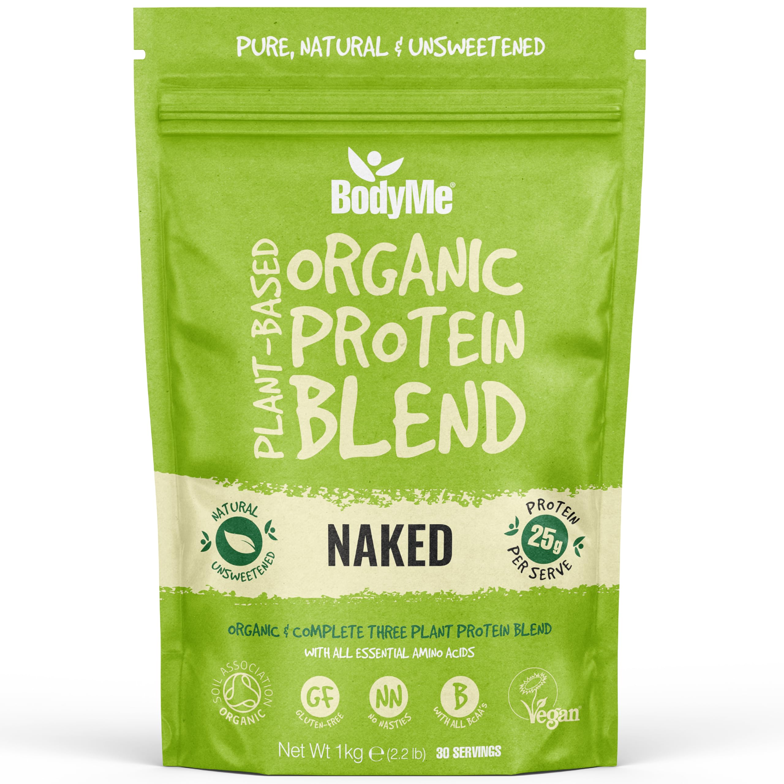BodyMe Organic Vegan Protein Powder Blend, Naked Natural - Unsweetened, Low Carb, 3 Plant Based Vegan Protein Powder with 25g of Complete Protein, Gluten and GMO Free, 1kg | UK