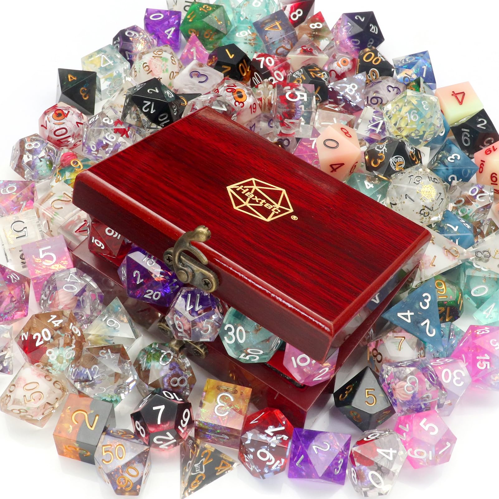 Haxtec Mystery Sharp Edge Dice Set with Wood Case - DND Gifts for Players, Handmade Sharp Resin Dice Set TTRPG Accessories
