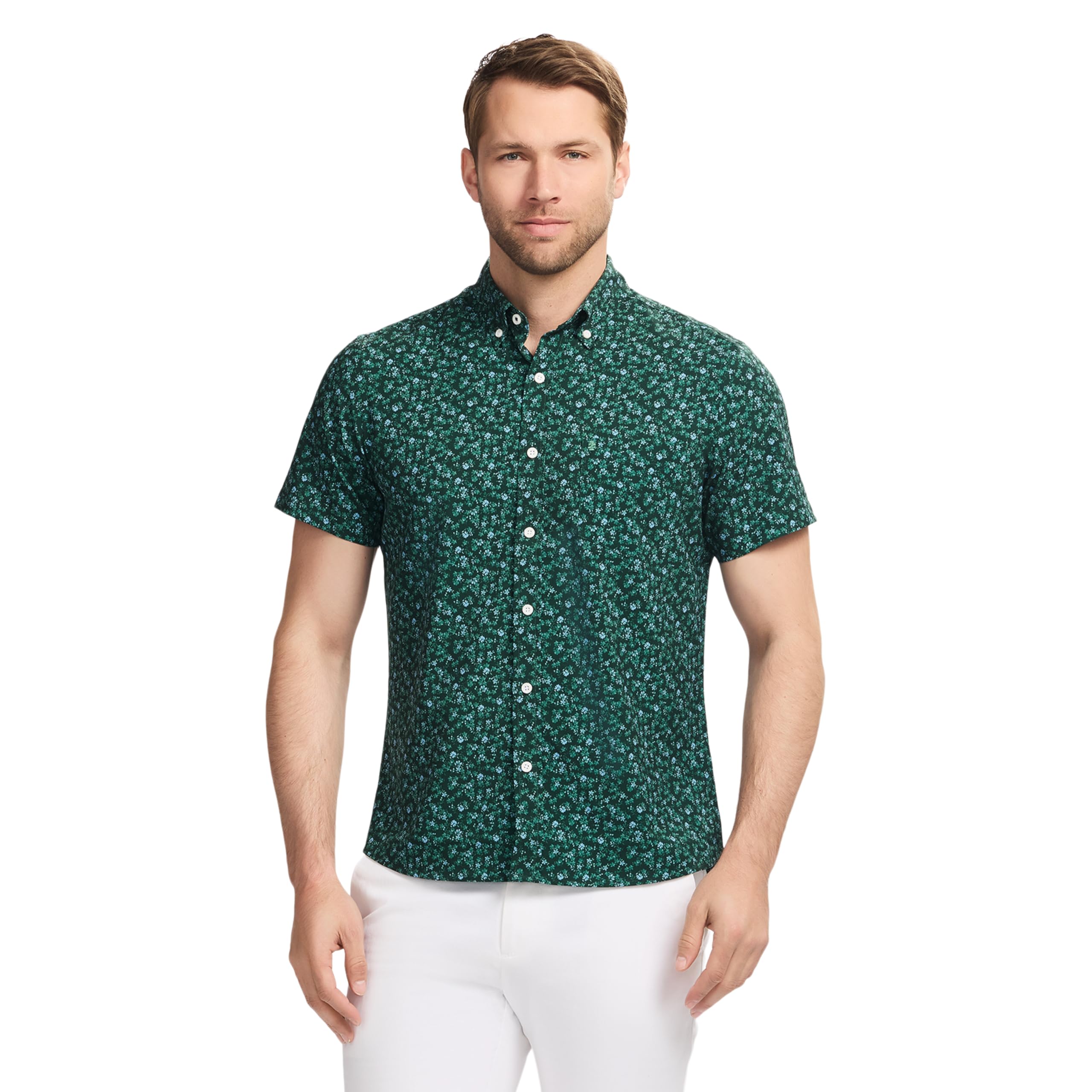 IZOD Men’s Breeze Short Sleeve Button Down Patterned Shirt, Scarab