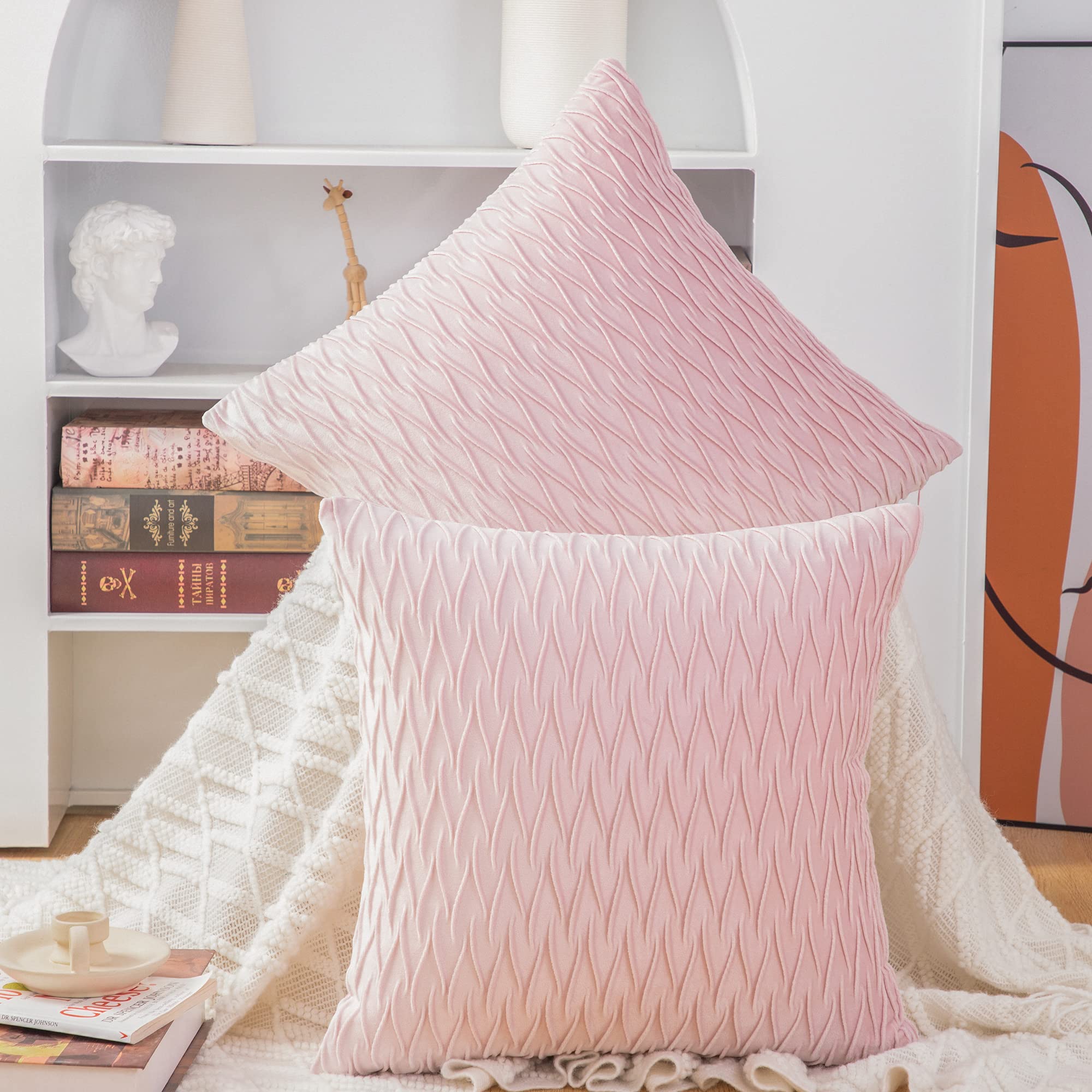 Madizz Pack of 2 Super Soft Velvet Decorative Cushion Covers with Texture Luxury Style Throw Pillow Cases European Pillow Shell for Sofa Bedroom Square Light Pink 26x26 inch