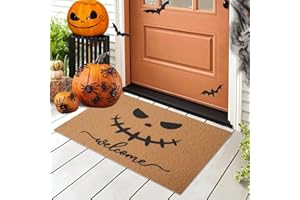 Stranthother Welcome Skeleton Halloween Doormat Halloween Jack-O-Lantern Face Fall Halloween Coir Door Mats for Front Door Non-Slip Floor Mat Autumn Fall Entrance Way Door Mats Festival Doormat