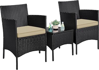 Yaheetech 3-Piece Rattan Garden Set with Cushions Black Khaki