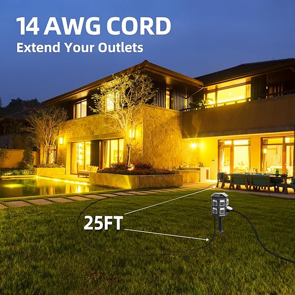 OUTDOOR REMOTE CONTROL POWER STRIP, 25FT EXTENSION CORD WATERPROOF, INDEPENDENT CONTROL OUTLETS, 6 GROUNDED OUTLETS FOR OUTDOOR DECORATIONS, 14 AWG, 15A/1875W, ETL LISTED (25 FT)