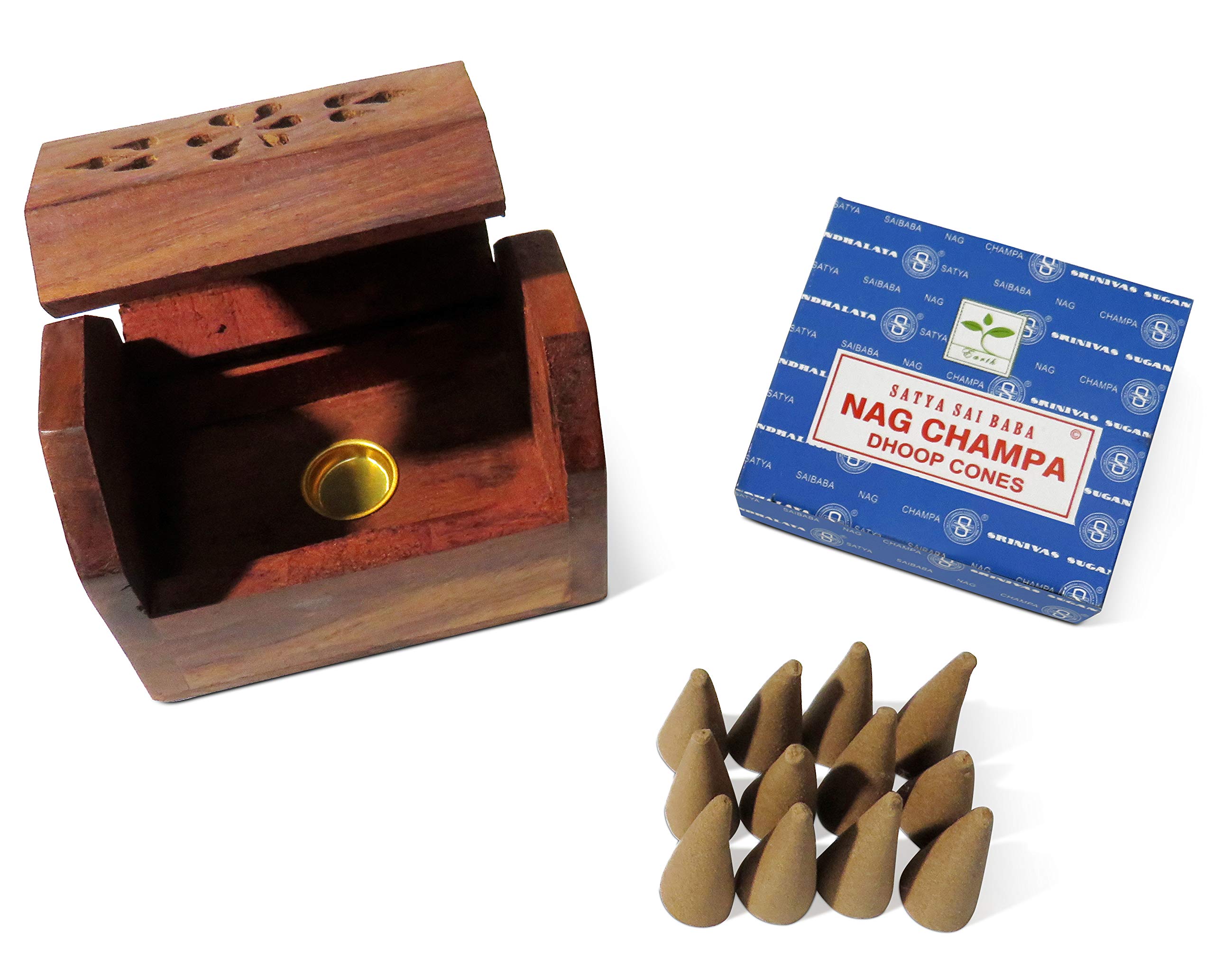 Purity Style Wooden Incense Cone Burner Box with 12 Nag Champa Dhoop Cones