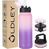 OLDLEY Insulated Water Bottle 20oz Water Bottles with Straw, Stainless Steel Water Bottle with 3 Lids, Double Wall Vacuum Bottles for Adult Kids, Sports Bottles for School Travel, Ombre Pink-Purple