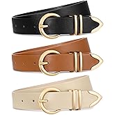 3 Pack Women's Belts for Jeans Dresses Fashion Ladies Skinny Leather Belt with Gold Buckle for Pants