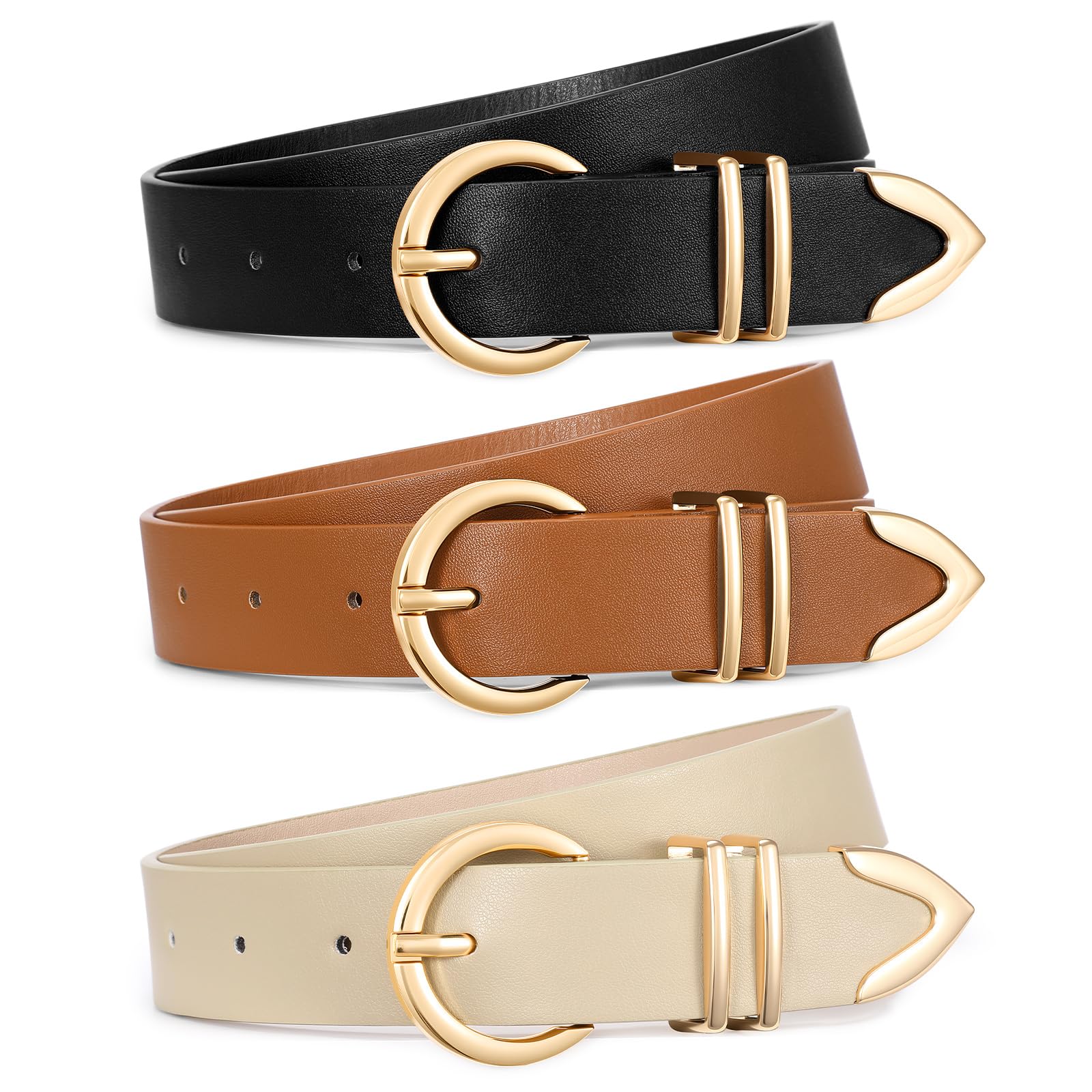 Photo 1 of 3 Pack Women's Belts for Jeans Dresses Fashion Ladies Skinny Leather Belt with Gold Buckle(Black+Brown+Beige)