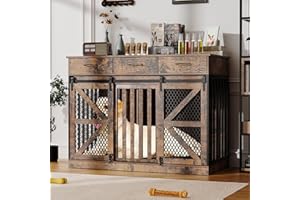 kepptory 48'' Dog Crate Furniture with Divider&Storage Drawers, Wooden Double Dog Kennel Furniture End Table with Sliding Barn Doors, White Double Dog Crate TV Stand