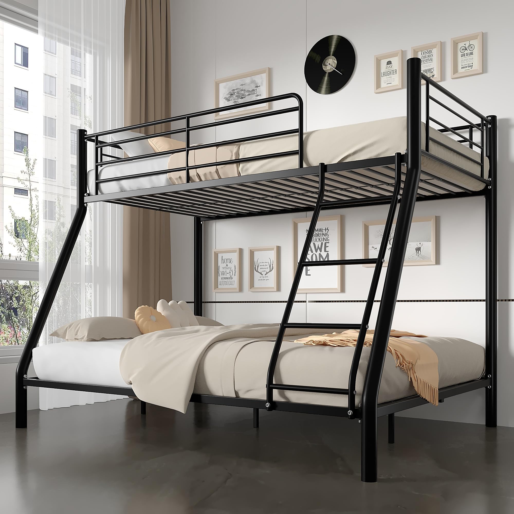 Photo 1 of ** MISSING PARTS / UNTESTED / NO RETURN **** VECELO Bunk Bed Twin Over Full, Metal Bunkbeds with Ladder and Full-Length Guardrail, No Box Spring Needed, Space Saving, Noise Free, Black