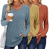 Sweetyweee 3 Pack Womens Long Sleeve Shirts V Neck Tunic Tops Loose Fit Lightweight Sweaters Basic Casual Fall Clothes