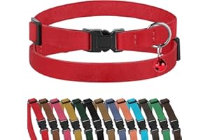 Muromto Breakaway Cat Collar Leather Soft Adjustable Pet Kitten Collars with Bell Pink Brown Blue Green Red (Red)