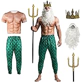 MCJC Halloween Poseidon Costume Set, 5 Piece Sea God Kit with Mermaid Pants, Muscle Shirt, Trident, Crown and White Beard