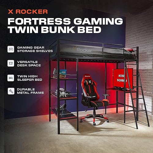 X Rocker Fortress Video Gaming Twin Loft Bed, Durable Black Metal