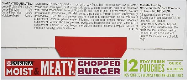 PURINA MOIST & MEATY DOG FOOD, CHOPPED BURGER, 12 POUCHES, 6 OZ EACH