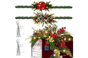 Retrowavy 2 Pcs 31.5 Inch Christmas Mailbox Swag with Lights 20 LEDs Pre Lit Artificial Christmas Mail Box Swag Mailbox Decorations for Outdoor with Pine Cones Red Berry Bow for Christmas Home Decor