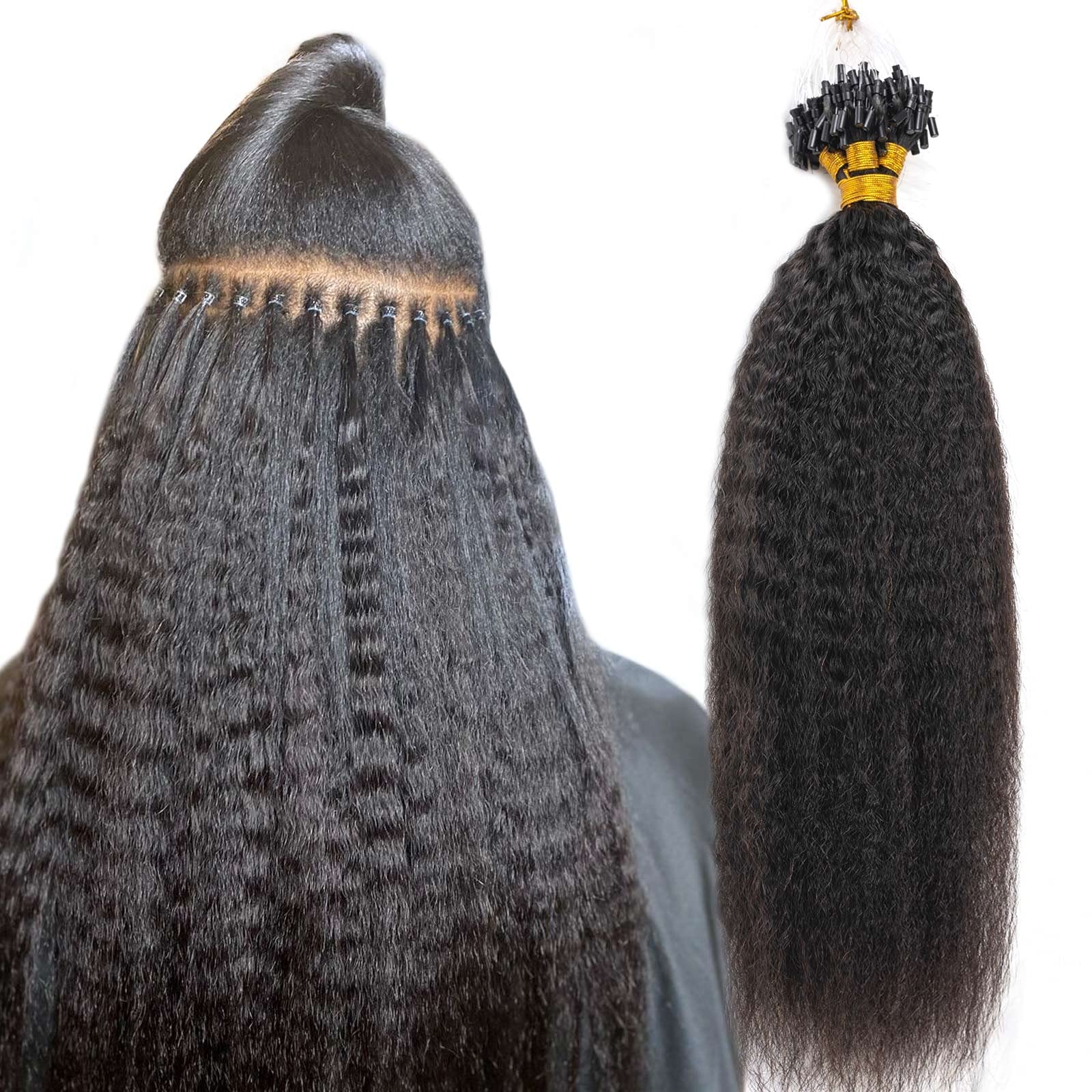Photo 1 of Niawigs Micro Links Human Hair for Black Women Kinky Straight Microlink Hair Extensions Human Hair 100 Strands Micro Loop Human Hair Extensions 18 Inches 100G Natural Black