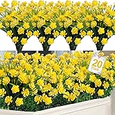 TURNMEON 20 Bundles Artificial Flowers for Outdoors, Artificial Fake Plants UV Resistant Outdoor Faux Plants Cemetery Flowers Plastic Greenery for Gardens Porch Summer Spring Decor 500 Heads(Yellow)