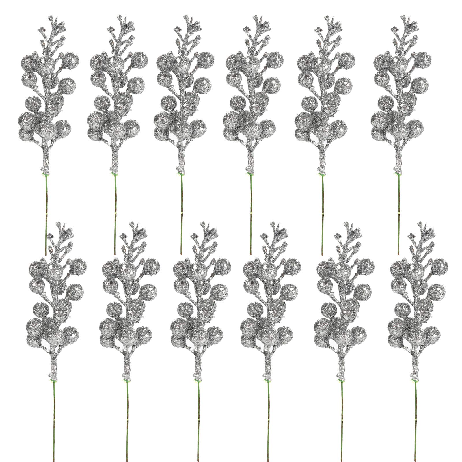 SUREH 12pcs Christmas Glitter Berries Stems 7.8inch Artificial Glittery Berry Picks for Christmas Tree Wreath Garland Decoration Holiday and Home Décor