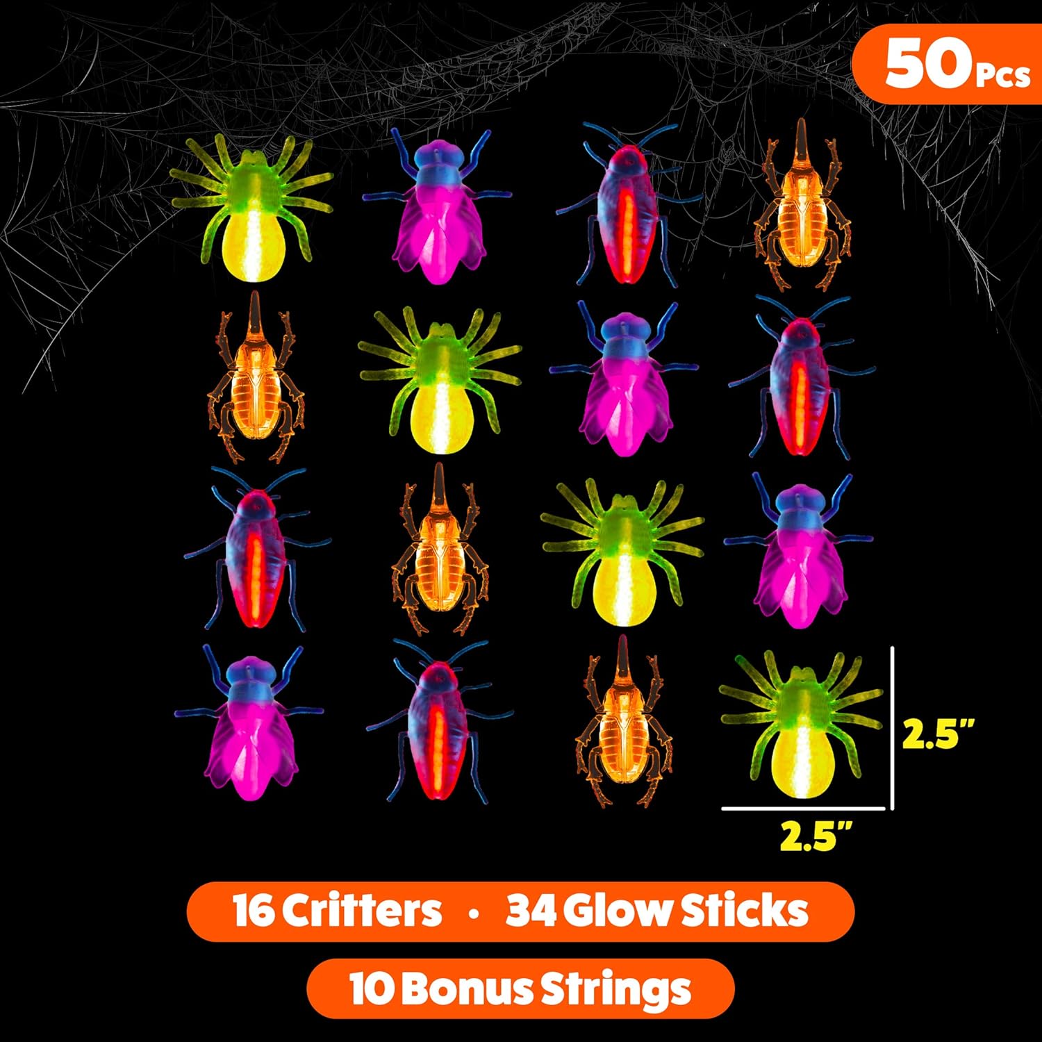Party Sticks Glow Critters 50pk Glow in the Dark Bug Toys and Glow Sticks - 2.5 Inch Fake Bugs Party Favors, Glow in the Dark Party Decorations with 16 Fake Bugs and 34 Mini Glow Sticks: Toys & Games