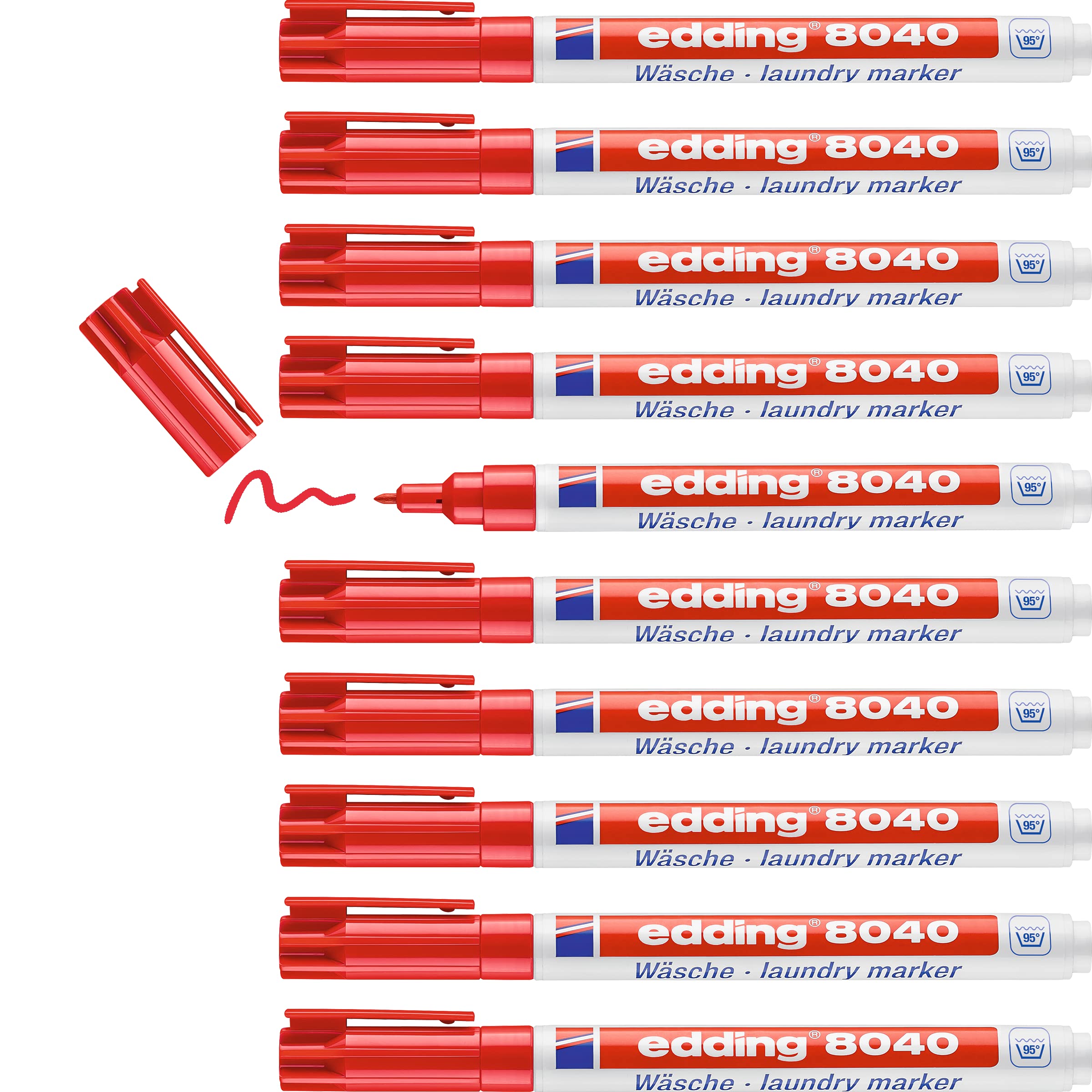 edding 8040 laundry marker - red - box of 10 - round nib 1 mm - textile marker for labelling clothes, wash-resistant at 95°C - laundry pen