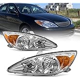 AS Headlight Assembly Compatible with 2002 2003 2004 TOYOTA CAMRY Headlight Chrome Housing Amber Reflector Clear Lens Driver and Passenger Side Pair Not Fit Solara Models