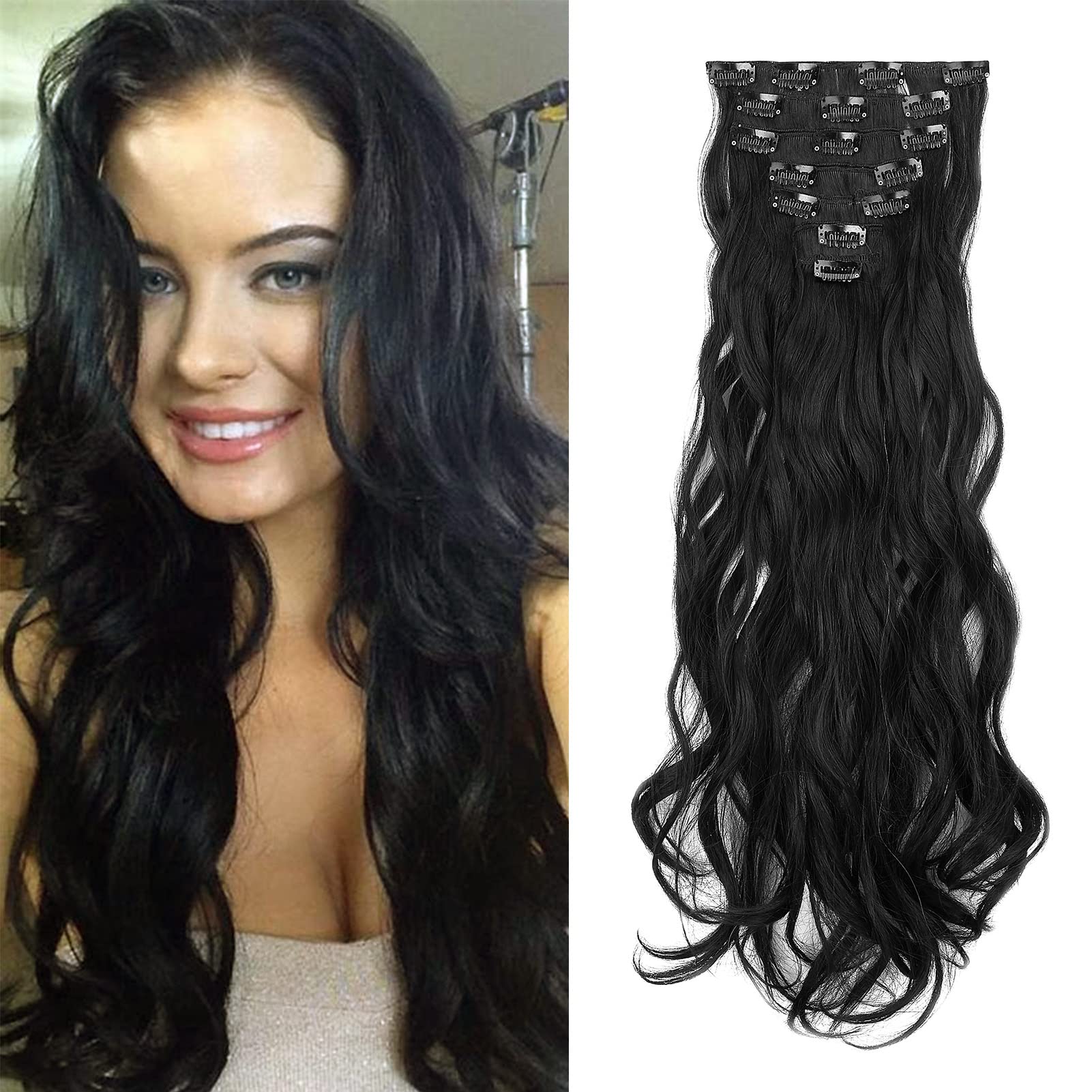 Gairyan 20inch Curly Black Hair Extensions Clip in Long Hair Extension 7PCS Full Head Synthetic Wavy Hairpiece for Women (Black) โ image 1