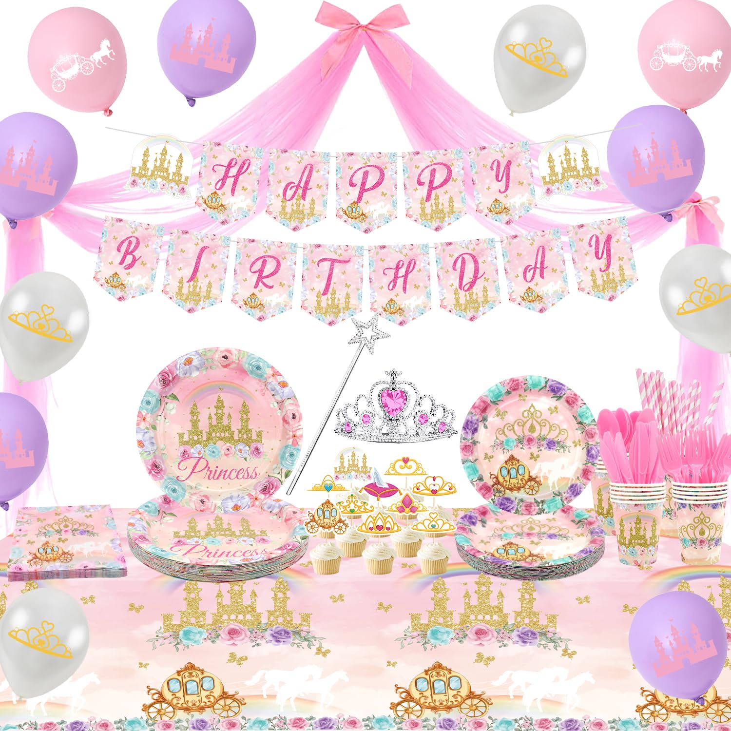 Photo 1 of Princess Birthday Party Supplies, Includes Banner, Plates, Tulle, Napkins, Cake Toppers, Crowns, Wands, Balloons, Tablecloths, for Girls Princess's Themed Baby Shower Decorations, Serve 20 (Style A)