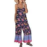 Himosyber Women's Summer Boho Jumpsuits Casual Wide Leg Bib Overalls Floral Print Rompers with Pockets (GreyPink-M)