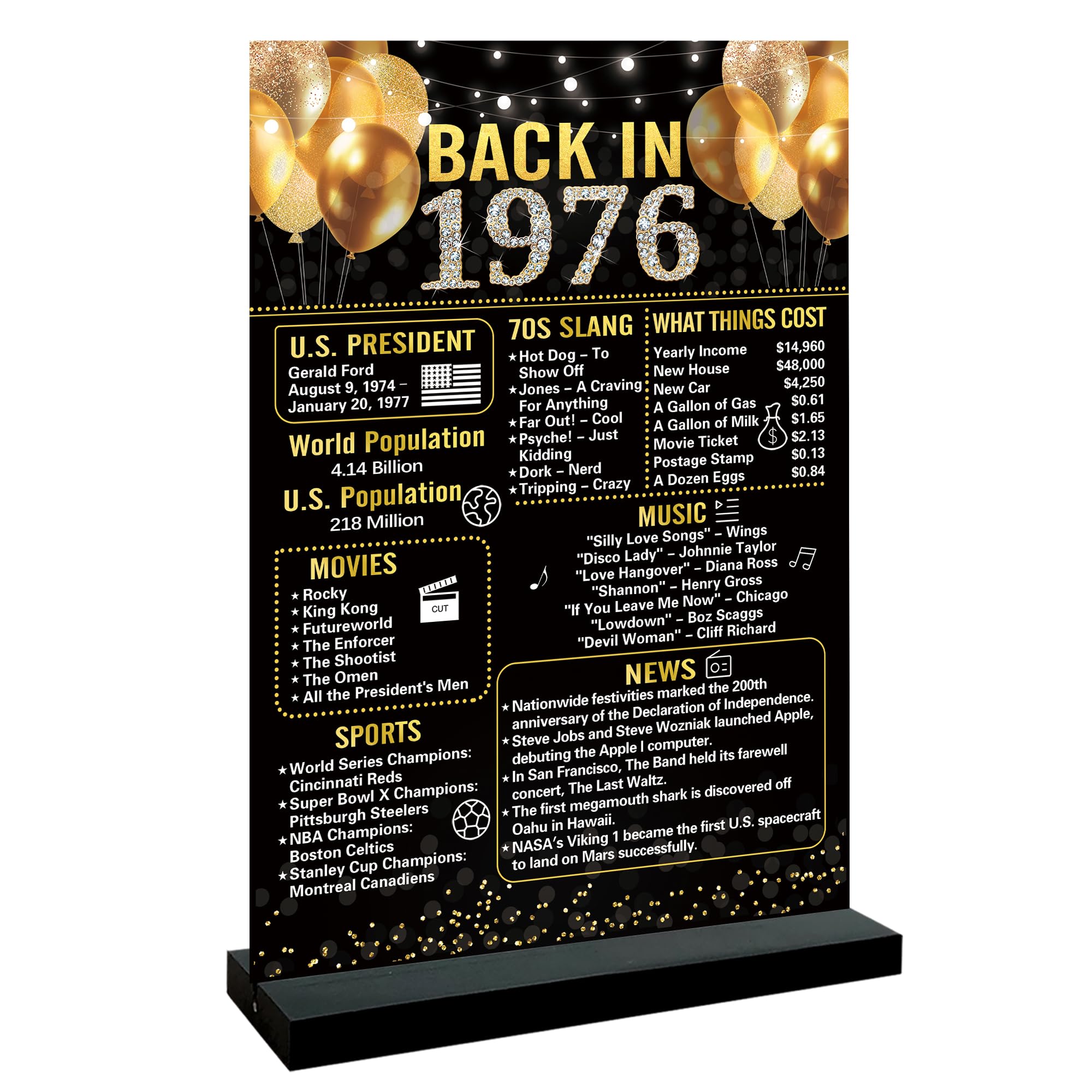 Photo 1 of ***PART CHIPPED OFF*** Trgowaul 50th Birthday Decorations Women Men, Black Gold Back in 1976 Birthday Poster Acrylic Table Sign with Stand, 50 Anniversary Decor Gifts for Men, Vintage 1976 Supplies 50th Birthday