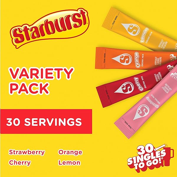 STARBURST SINGLES TO GO VARIETY PACK, WATERTOK POWDERED DRINK MIX, INCLUDES 4 FLAVORS, STRAWBERRY, CHERRY, ORANGE AND LEMON 1 BOX (30 SERVINGS)