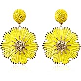 Just Follow Rattan Flower Dangle Earrings for Women Bohemian Handmade Straw Wrapped Flower Daisy Rattan Earring Summer Beach