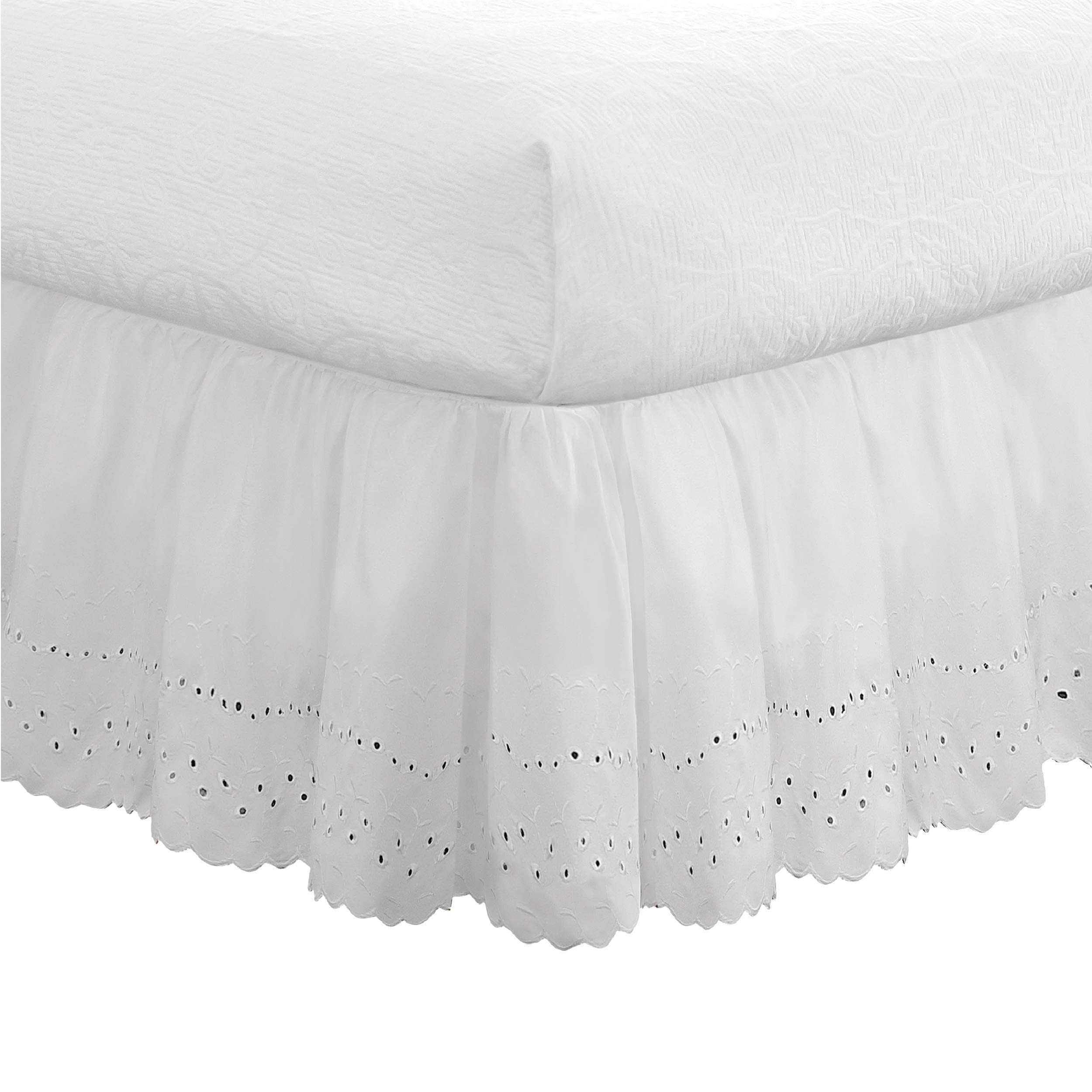 Photo 1 of Fresh Ideas Ruffled Eyelet Bed Skirt Dust Ruffle with Gathered Styling and Embroidered Details, 18" Drop Length, California King, White