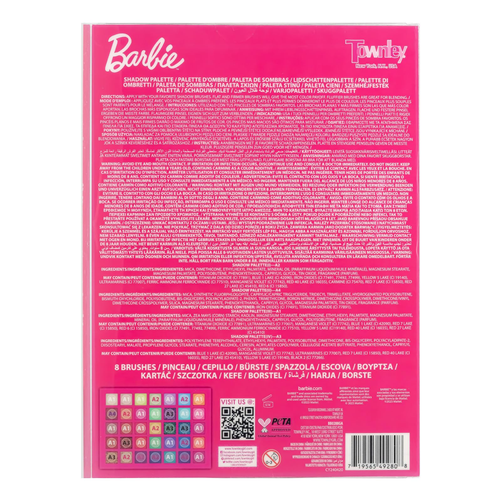 Barbie 35-Well Shadow Palette, Shimmery and Opaque Colors, Pigmented Blendable, 8 Application Brushes Ages 8+, Perfect for Parties, Sleepovers & Makeovers, By Townley Girl