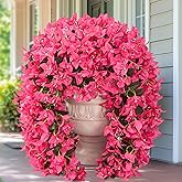 Siyaluens 4Pcs UV Resistant Artificial Flowers for Outdoors, Realistic Faux Silk Bougainvillea Flowers, Fake Hanging Plants for Porch Patio Balcony Decoration (Rose Red)