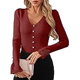Libsorge Womens Slim Dressy Pearl Lace Ruffle Sweater Fall 2025 Business Casual Outfits V Neck Ribbed Knit Tunic Tops