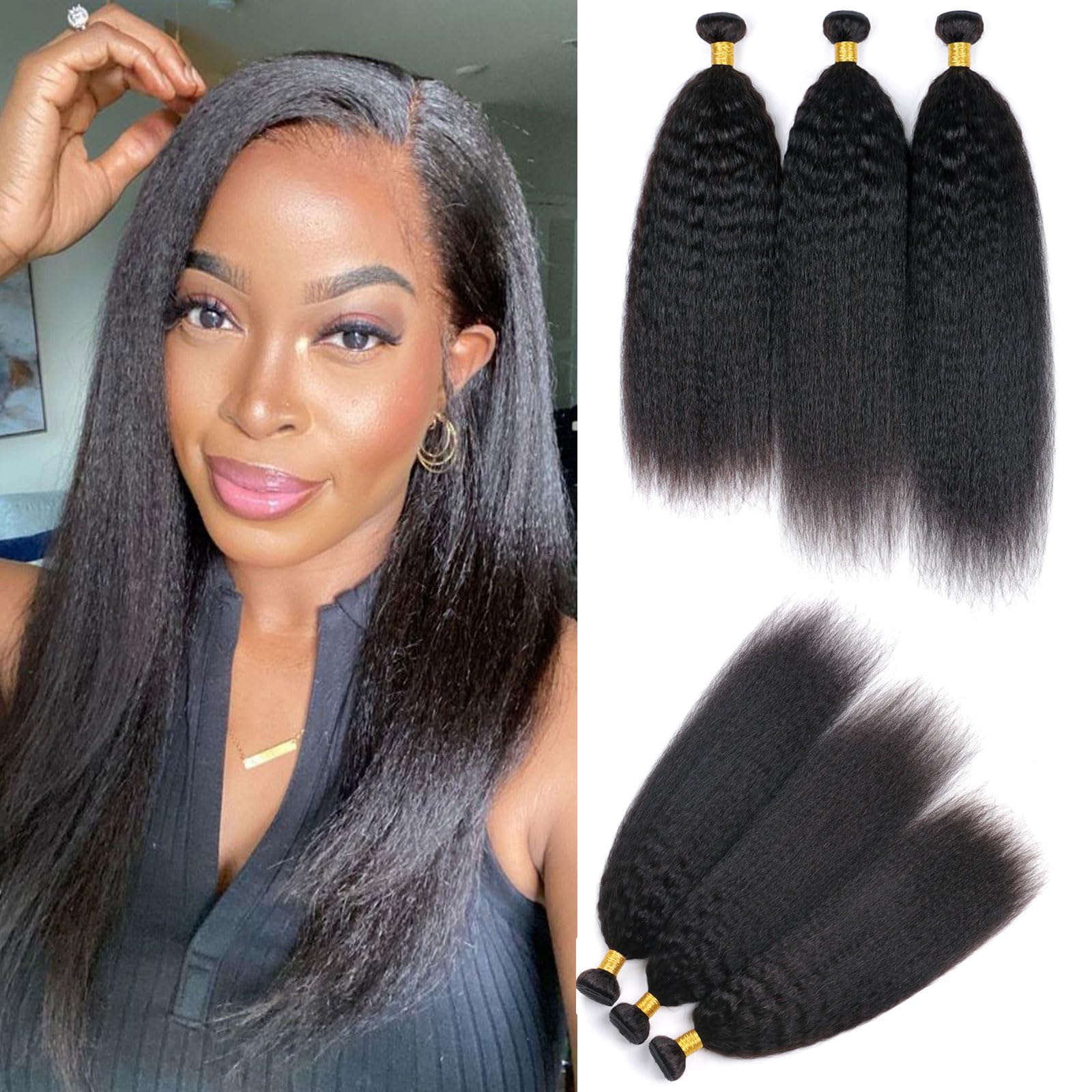 Huarisi 3 Bundles Yaki Straight Weave Human Hair 20 22 24 inch Kinky Straight Bundles for Black Women Yaky Brazilian Hair Extensions 300g Double Weft Sew in โ image 1