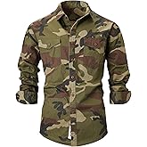 PAODIKUAI Men Camouflage Denim Shirt Camo Washed Military Long Sleeve Shirts Casual Button Down Shirts