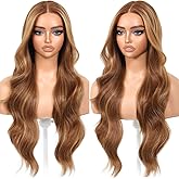 BrownBomb Honey Blonde Body Wave Glueless Wigs With Bangs Synthetic Lace Front Wigs Pre Plucked Pre Cut HD Lace 13x5x1 Middle Part Wigs For Woman 26 Inch