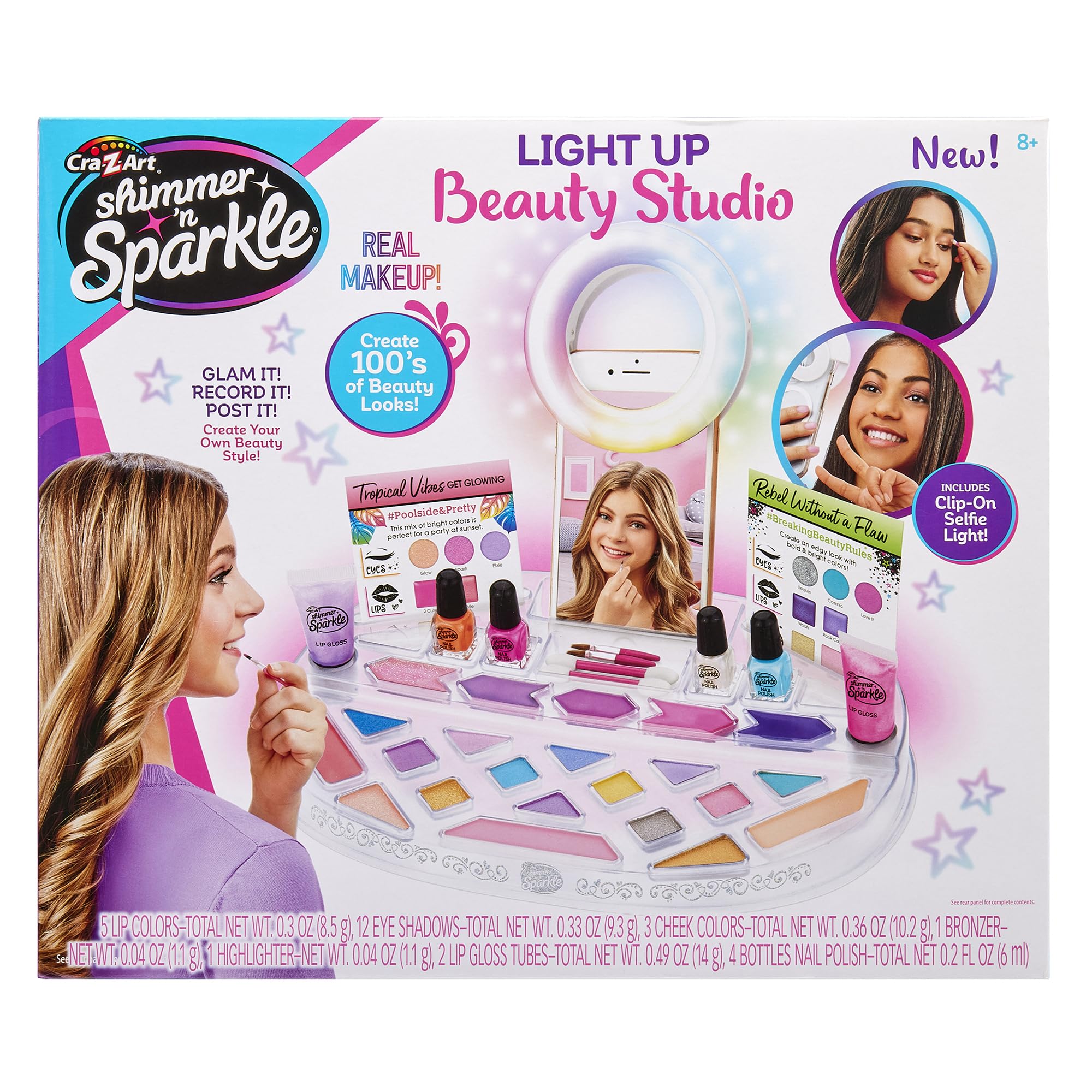 CRA-Z-ART Shimmer and Sparkle Light up Beauty Studio with selfie ring Makeup set for children Play makeup Gift ideas for girls Safe and non-toxic mkeup