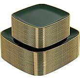 bUCLA 100PCS Green and Gold Plastic Plates - Heavy Duty Square Green Disposable - Include 50 Dinner & 50 Dessert Plates for Party & Christmas
